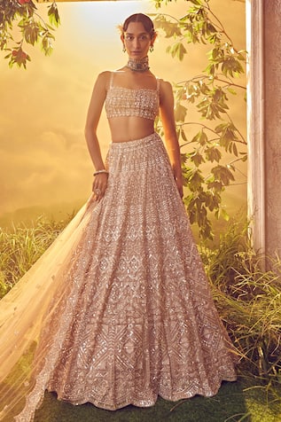 Aneesh Agarwaal Pastel Geometric Embroidered Bridal Lehenga Set 