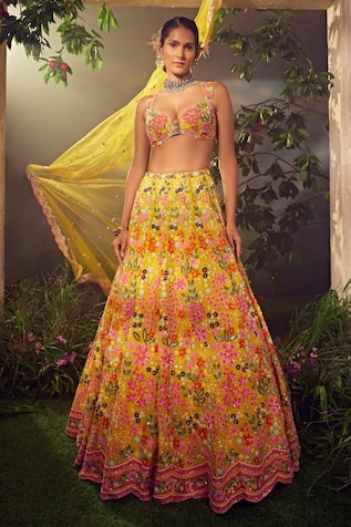 Aneesh Agarwaal Floral Sequin Embellished Bridal Lehenga Set 