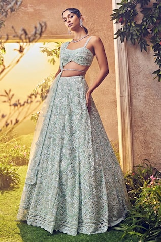 Aneesh Agarwaal Scallop Ornamental Sequin Embroidered Bridal Lehenga Set 