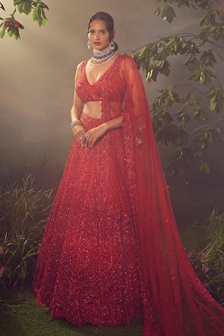 Aneesh Agarwaal Geometric Pattern Embroidered Bridal Lehenga Set 