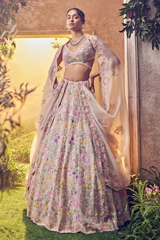 Aneesh Agarwaal Foliage Pattern Embellished Bridal Lehenga Set 