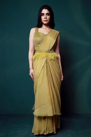 Suave Chiffon Organza Pre-Draped Saree Blouse Set 