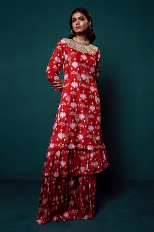 Suave Surkh Blossom Print Kurta Sharara Set 