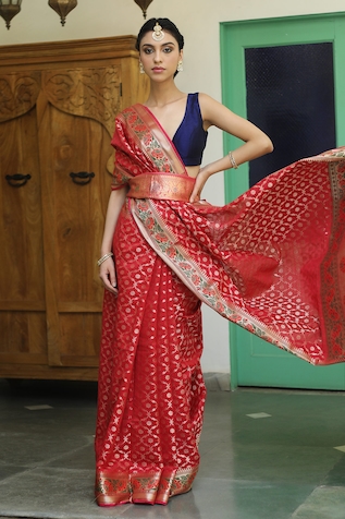 Paaprika Cotton Silk Banarasi Saree With Unstitched Blouse Fabric