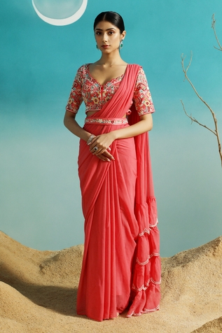 Paaprika Pre-Stitched Saree With Flower Embroidered Blouse