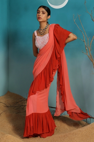 Paaprika Ruffle Pallu Saree With Sequin Embroidered Blouse