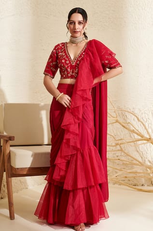 Flamingo the label Pre-Draped Organza Ruffle Saree With Blouse 