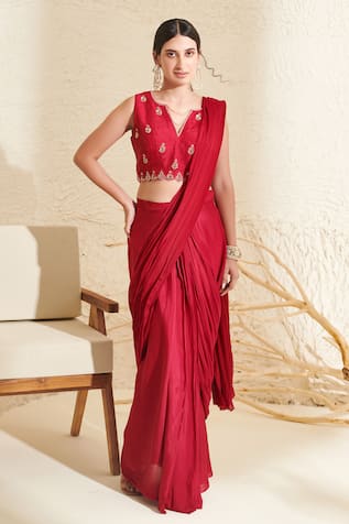 Flamingo the label Chiffon Pre-Stitched Saree With Embroidered Blouse 