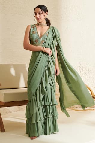 Flamingo the label Pre-Stitched Chiffon Ruffle Saree With Blouse 