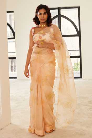 House Of Pink Floral Hand Embroidered Saree With Blouse 