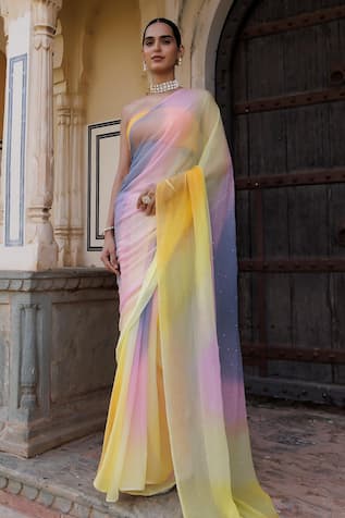 Geroo Jaipur Ombre Embroidered Saree With Unstitched Blouse Fabric 