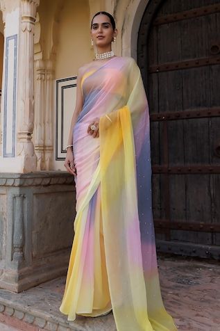 Geroo Jaipur Ombre Embroidered Saree With Unstitched Blouse Fabric