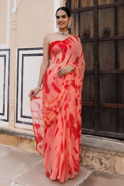 Geroo Jaipur Chiffon Shibori Saree With Unstitched Blouse Fabric