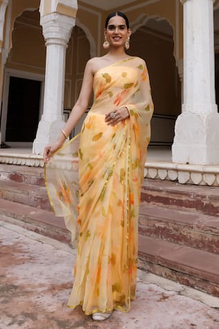 Geroo Jaipur Floral Hand Painted Saree With Unstitched Blouse Fabric 