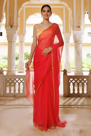 Geroo Jaipur Plain Zari Border Saree With Unstitched Blouse Fabric 