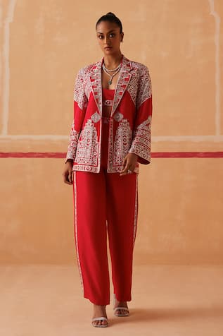 Sureena Chowdhri Vidya Geometric Embroidered Jacket Pant Set 