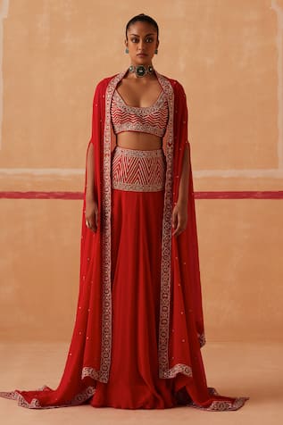 Sureena Chowdhri Ekaya Placement Hand Embroidered Lehenga Cape Set 