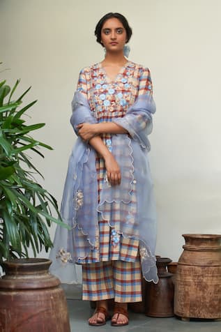 Label Earthen Asmani Jugnu Checkered Kurta Set 