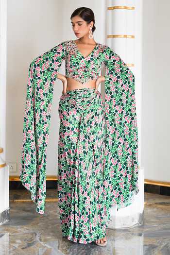 Ahi Clothing Floral Printed Cape Sleeve Skirt Set 