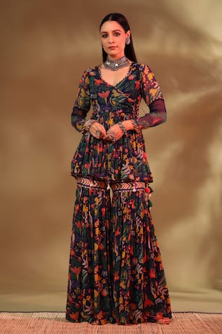 Baise Gaba Gul Wildlife Angarkha Kurta Gharara Pant Set 