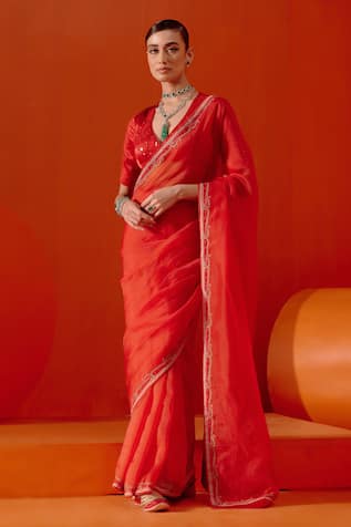 Devnaagri Floral Embroidered Border Saree With Blouse 