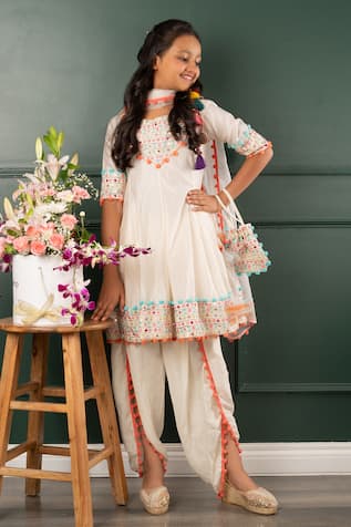 Mirror Work Embroidered Kurta Dhoti Pant Set 