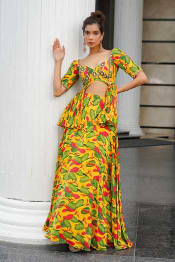 Ahi Clothing Floral Print Peplum Blouse & Lehenga Set 