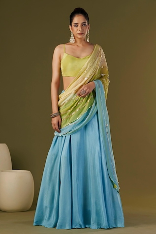 Buy Blue Skirt- Satin Organza Embellished Lehenga Saree With Blouse For  Women by Stotram Online at Aza Fashions.