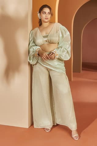 SAANJH BY LEA Soha Blouson Embroidered Crop Top & Pant Set 