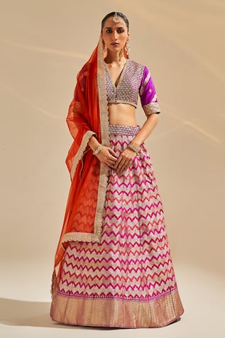 Studio Iris India Farhana Banarasi Chevron Pattern Bridal Lehenga Set 