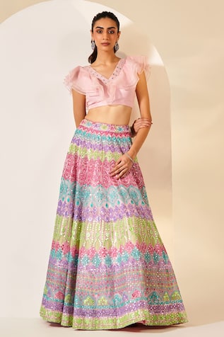 Studio Iris India Dia Mirror Embroidered Lehenga & Crop Top Set 
