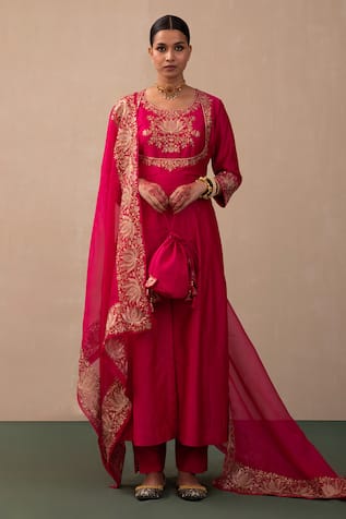 Pink City by Sarika Lotus Embroidered Bodice Anarkali Pant Set 