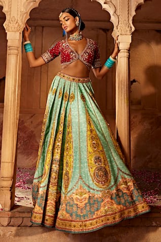 Kalista Kimaya Raw Silk Paisley Print Bridal Lehenga Set 