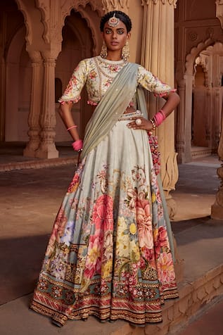 Kalista Manya Raw Silk Flower Bloom Print Bridal Lehenga Set 