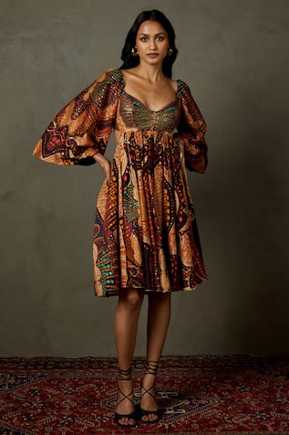 Abstract Print & Embroidered Dress 
