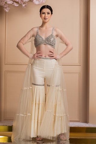 Q by Sonia Baderia Divine Longline Sheer Jacket Gharara Set