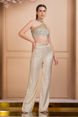 Q by Sonia Baderia Divine Sequin Embroidered Crop Top & Pant Set