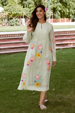 Charu Makkar Flora Patch Pintucked Yoke Dress With Slip 