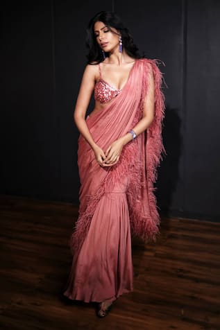 Ohaila Khan Feathers Work Pre-Stitched Saree With Blouse 