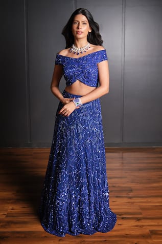 Ohaila Khan Embroidered Off-Shoulder Crop Top & Lehenga Set 