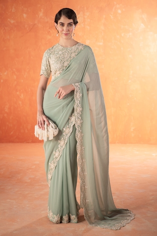 Buy Green Saree Georgette Ruffle With Velvet Sleeveless Blouse For Women by  Archana Kochhar Online at Aza Fashions.