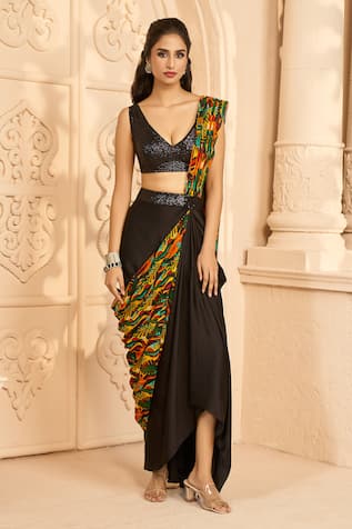 Aariyana Couture Pre-Draped Tropical Print Saree With Blouse 