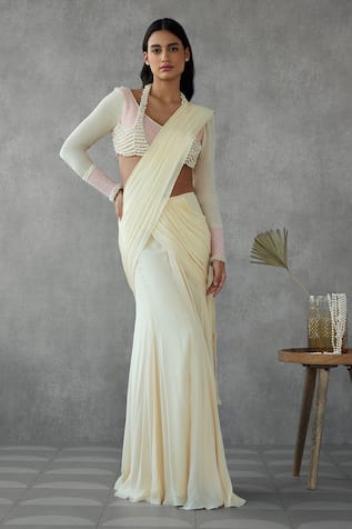 Zamoraa The Label Pre-Draped Saree With Pearl Tassel Blouse 