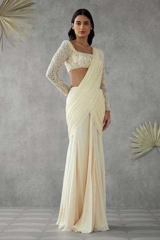 Zamoraa The Label Plain Pre-Draped Saree With Embroidered Blouse 