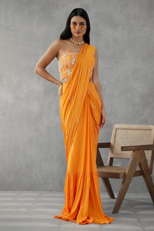 Zamoraa The Label Beads Embellished Pre-Draped Saree With Corset Blouse 