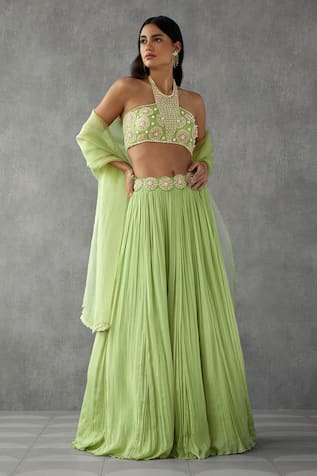 Zamoraa The Label Halter Neck Embroidered Blouse Lehenga Set 