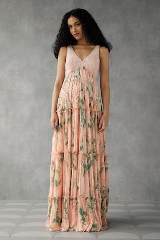 Zamoraa The Label Botanic Bloom Print Embellished Maxi Gown 