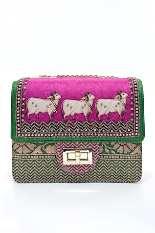 The Garnish Company Khillari Cow Print & Woven Sling Bag 