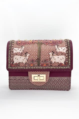 The Garnish Company Amrit Cow Print & Woven Sling Bag 