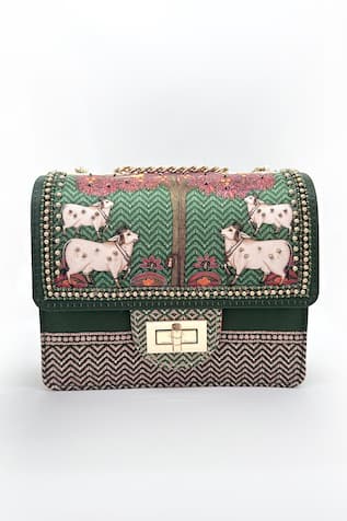 The Garnish Company Amrit Cow Print & Embroidered Sling Bag 